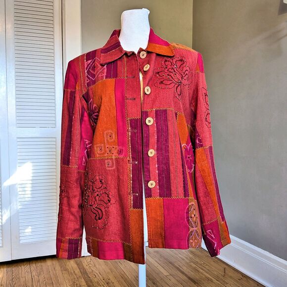 Vintage 90s Art To Wear Linen Jacket Orange Beaded Cottage Fairy Grunge Size 6P - Picture 2 of 8